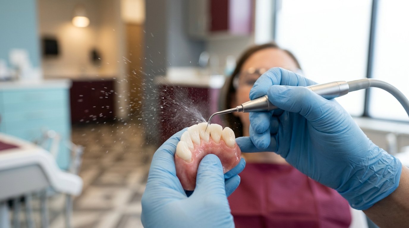 Instrumento de detartraje ultrasónico durante limpieza dental profesional en Armenia, Quindío